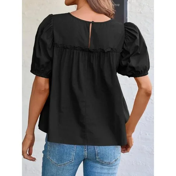 Women’s Cotton Puff Sleeve Babydoll Top Summer Casual Flowy Blouse Small - Picture 7 of 7